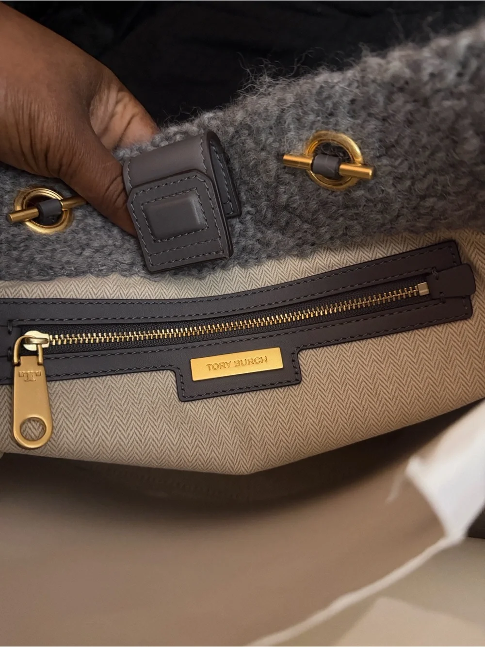 Tory Burch Gray Pebbled Wool Logo Tote with Gold-Tone Accents